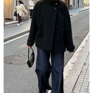 Black Button Up Jacket With High Collar